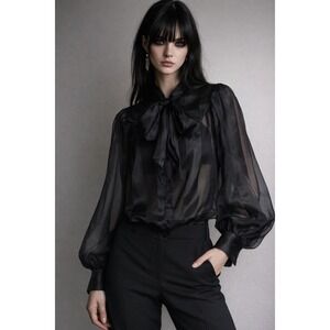 WoWo Sheer Blouse XL Black Bow Tie Dramatic Sleeve  Avant Garde Dark Romantic